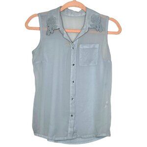 Princess Vera Wang Light Blue Sheer Lace Collared Button Down Tank Top Sz XS